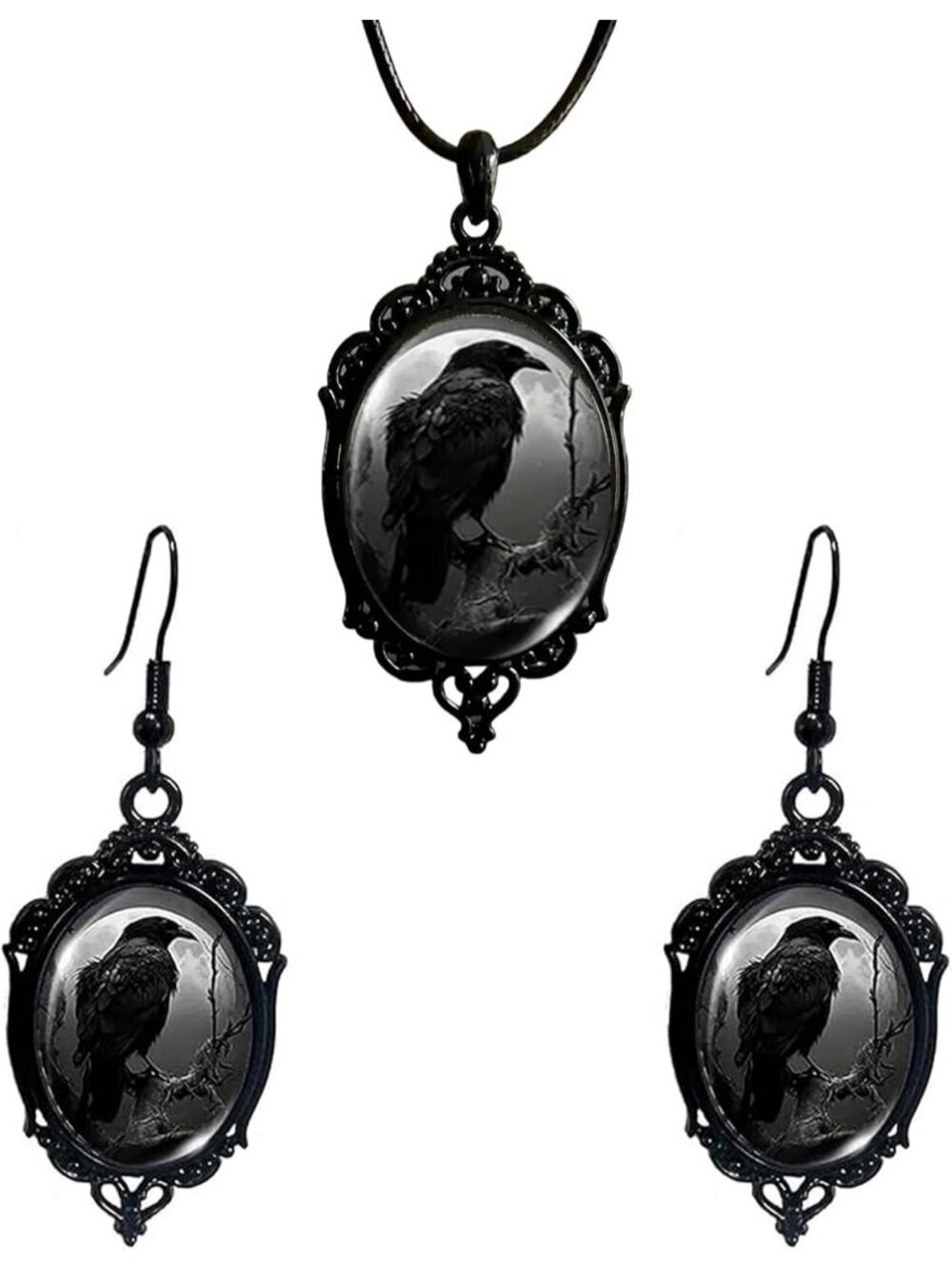 Vintage Gothic Raven Bat Witch Jewelry Set Cameo Necklace Earrings- A2:Black